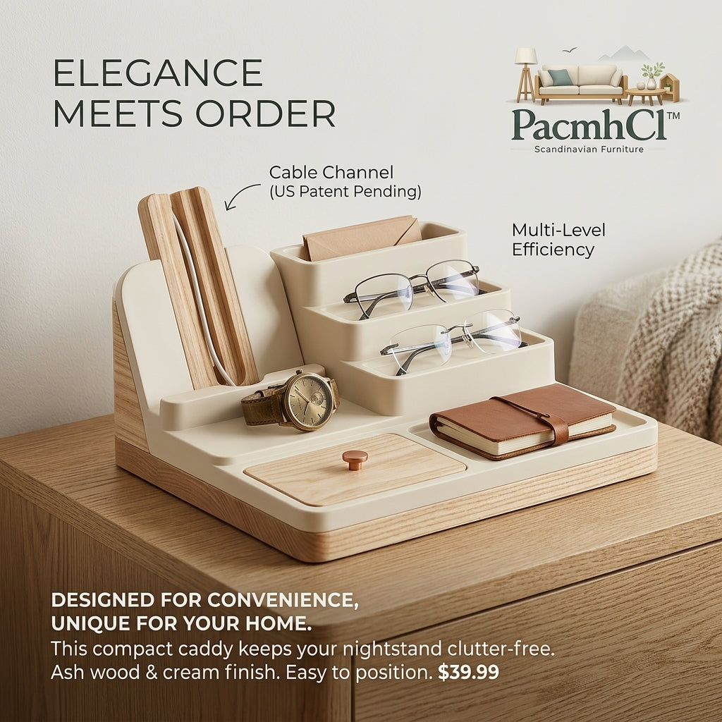 PacmhCl™ Scandinavian Bedside Organizer – Wooden Desk Caddy with Cable Channel, Tiered Storage for Nightstand, Glasses, Watch & Phone, Modern Minimalist Design