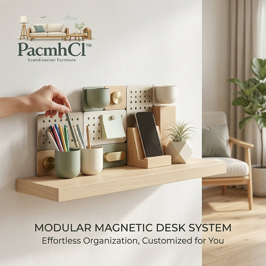 PacmhCl™ Modular Magnetic Desk Organizer System | Customizable Pegboard Office Storage & Desk Tidy | Minimalist Scandinavian Wooden Pen Holder, Phone Stand & Stationery Organizer for Home Office Setup