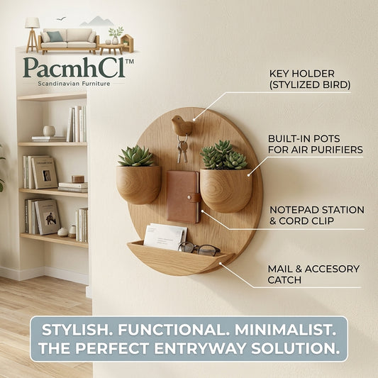 PacmhCl™ Scandinavian Wall-Mounted Entryway Organizer – Minimalist Wood Key Holder with Mail Sorter, Plant Pots, and Note Clip – Modern Functional Decor for Hallway & Foyer