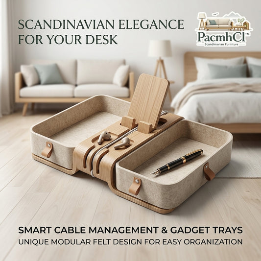PacmhCl™ Scandinavian Wooden Desk Organizer with Smart Cable Management | Modular Felt Gadget Trays & Phone Stand | Premium Minimalist Office Desktop Storage & Tech Valet Tray