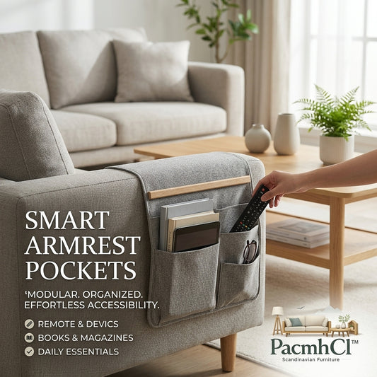 PacmhCl™ Scandinavian Sofa Armrest Organizer - Modular Fabric Couch Caddy with Wood Accent, Premium Remote Control Holder, Tablet & Book Pocket for Living Room Armchair