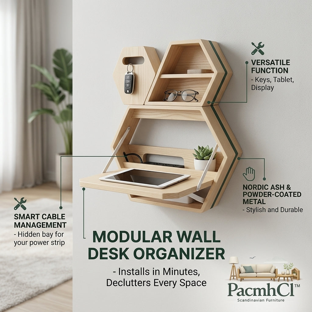 PacmhCl™ Modular Wall Desk Organizer - Nordic Ash Floating Shelf with Folding Tablet Tray, Magnetic Key Holder & Hidden Cable Management - Space-Saving Scandinavian Wall-Mounted Workstation for Entryway, Office, Bedroom