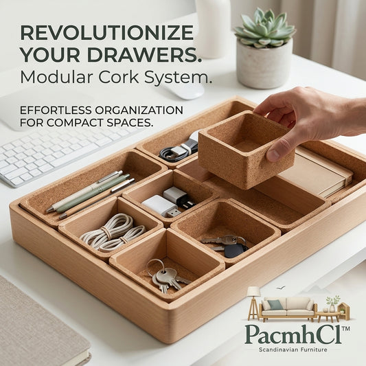PacmhCl™ Modular Cork Drawer Organizer Tray | Eco-Friendly Wooden Desk Storage & Divider System | Minimalist Scandinavian Office Organizer for Cables, Pens, Keys & Tech Accessories