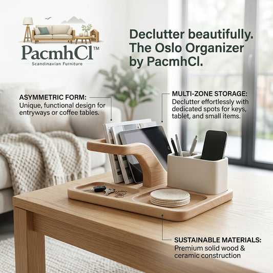 PacmhCl™ Oslo Solid Wood & Ceramic Desk Organizer | Modern Valet Tray for Entryway & Coffee Table | Multi-Functional Tablet Stand, Key Holder, and Pen Cup | Scandinavian Home Decor