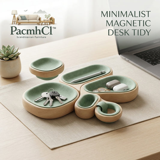 PacmhCl™ Minimalist Magnetic Desk Organizer | Modular Wooden Valet Tray & Catchall Dish | Premium Scandinavian Desk Tidy for Keys, Tech, and Accessories | Sage Green Felt & Natural Wood Office Storage Set